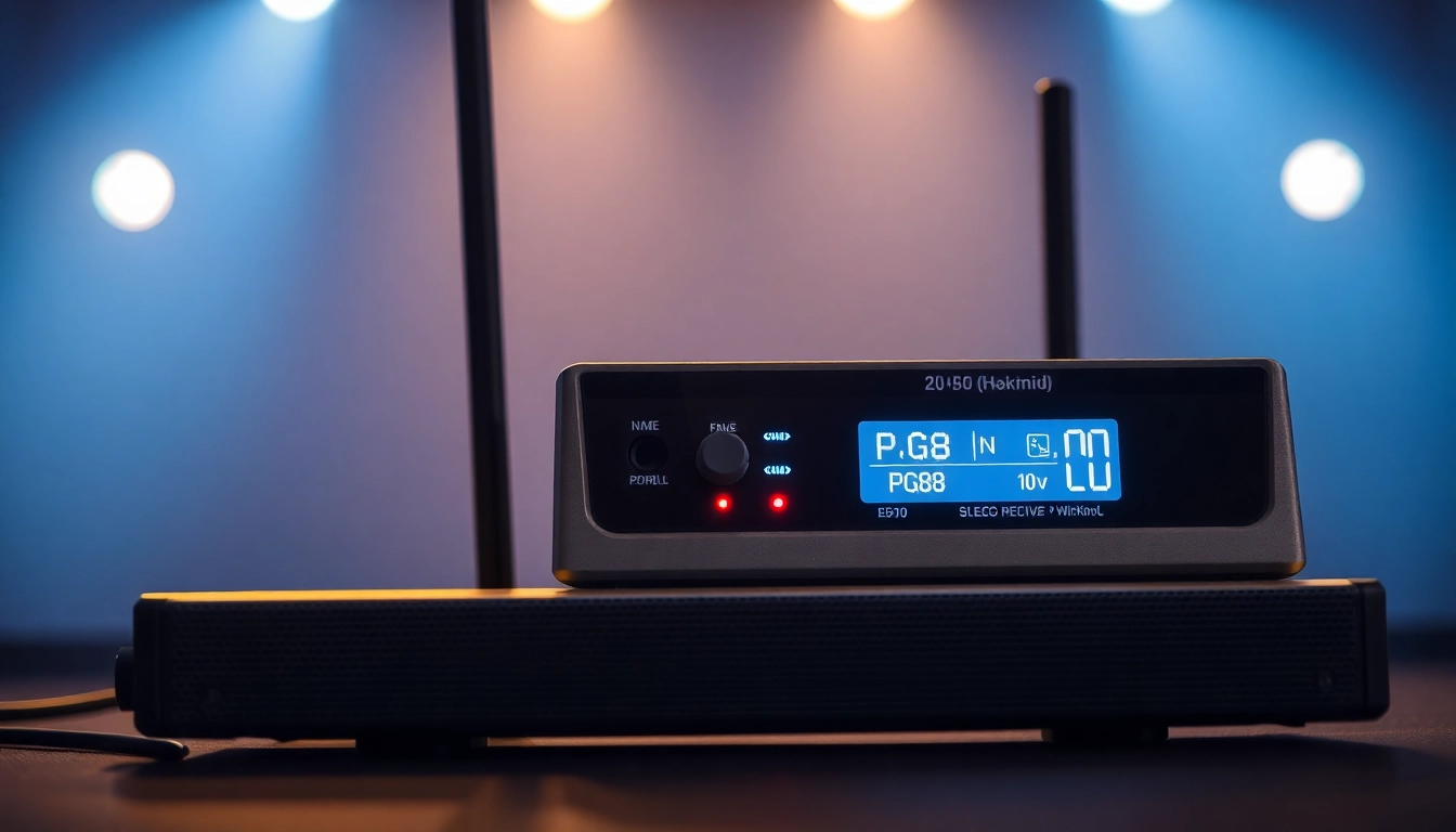 High-tech PG88 wireless microphone receiver with LED signals and sleek design, ideal for live performances and audio setups.