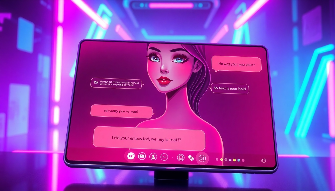 An illustration of a futuristic AI adult chat interface with a female AI character surrounded by glowing visuals and a vibrant cyber background.