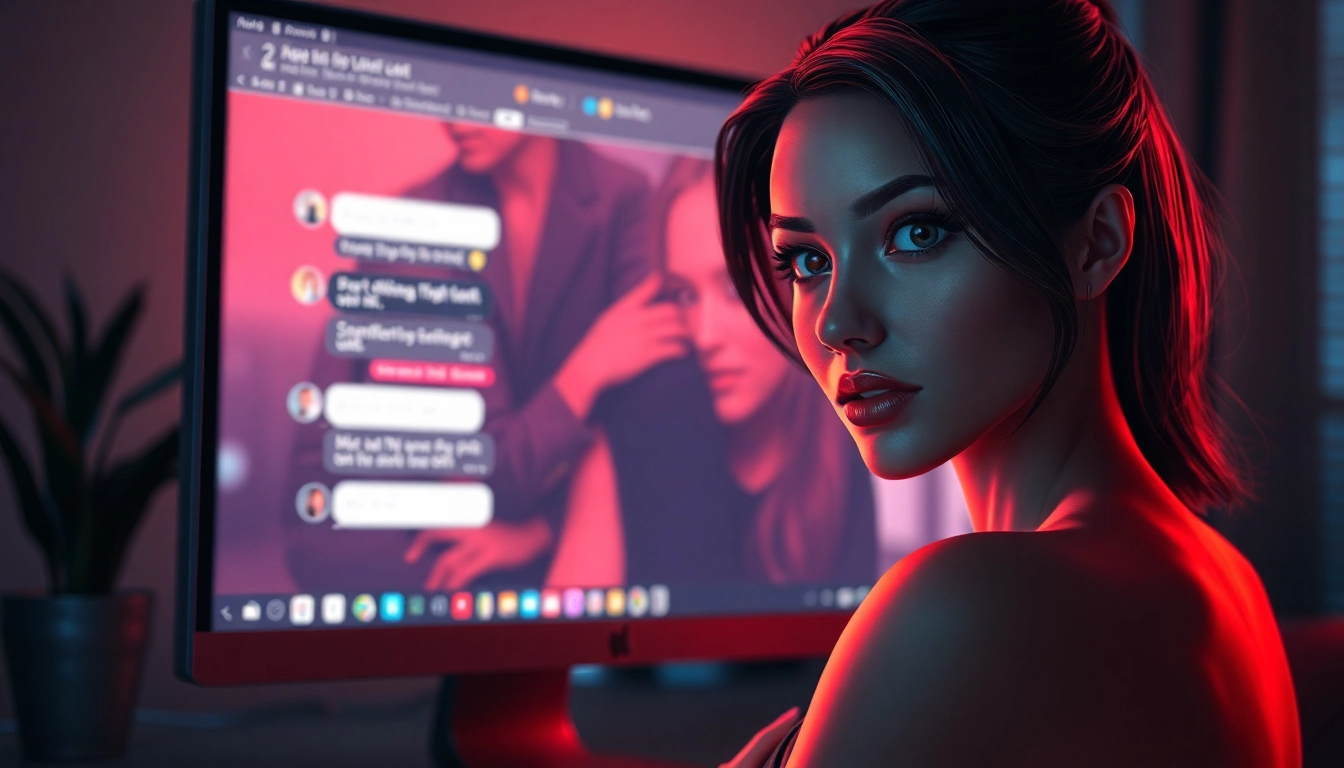 An immersive scene of an AI adult chat with a realistic female character emerging from a glowing computer screen, set in a sensual and inviting environment.