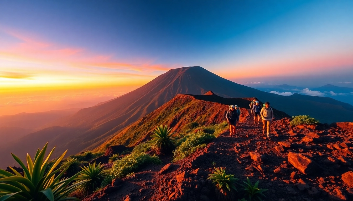 Hikers ascending Mount Rinjani at sunrise with lush greenery and volcanic landscape