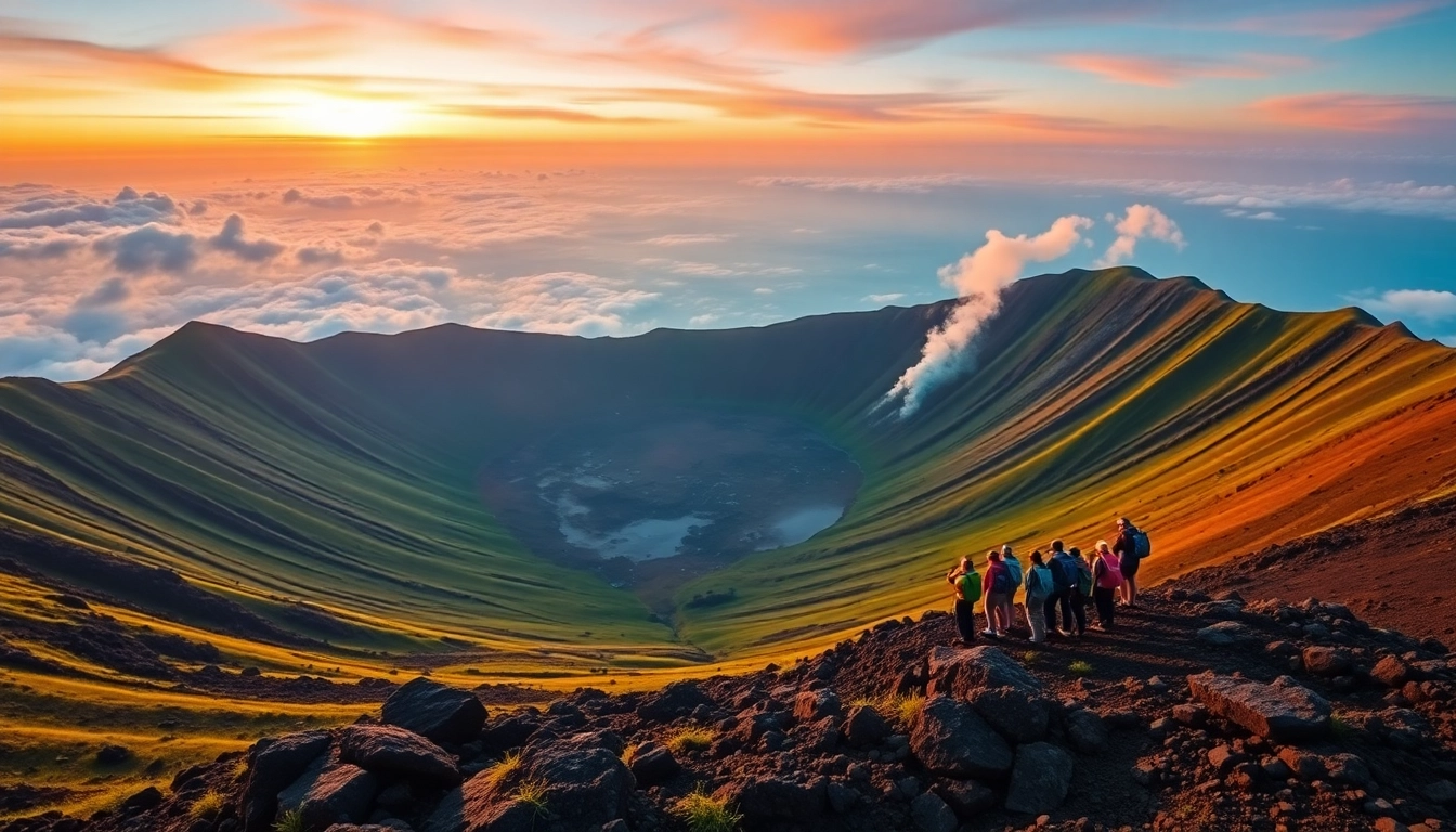 An epic sunrise view of Mount Rinjani’s crater rim with hikers admiring the landscape, showcasing lush green slopes, volcanic textures, and colorful sky.
