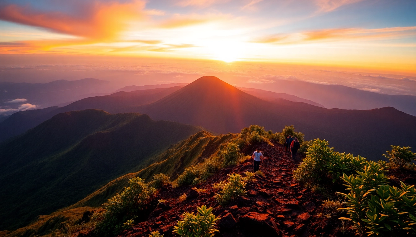 An aerial sunrise view of Mount Rinjani with hikers on the trail, showcasing the mountain's crater rim and lush surroundings.