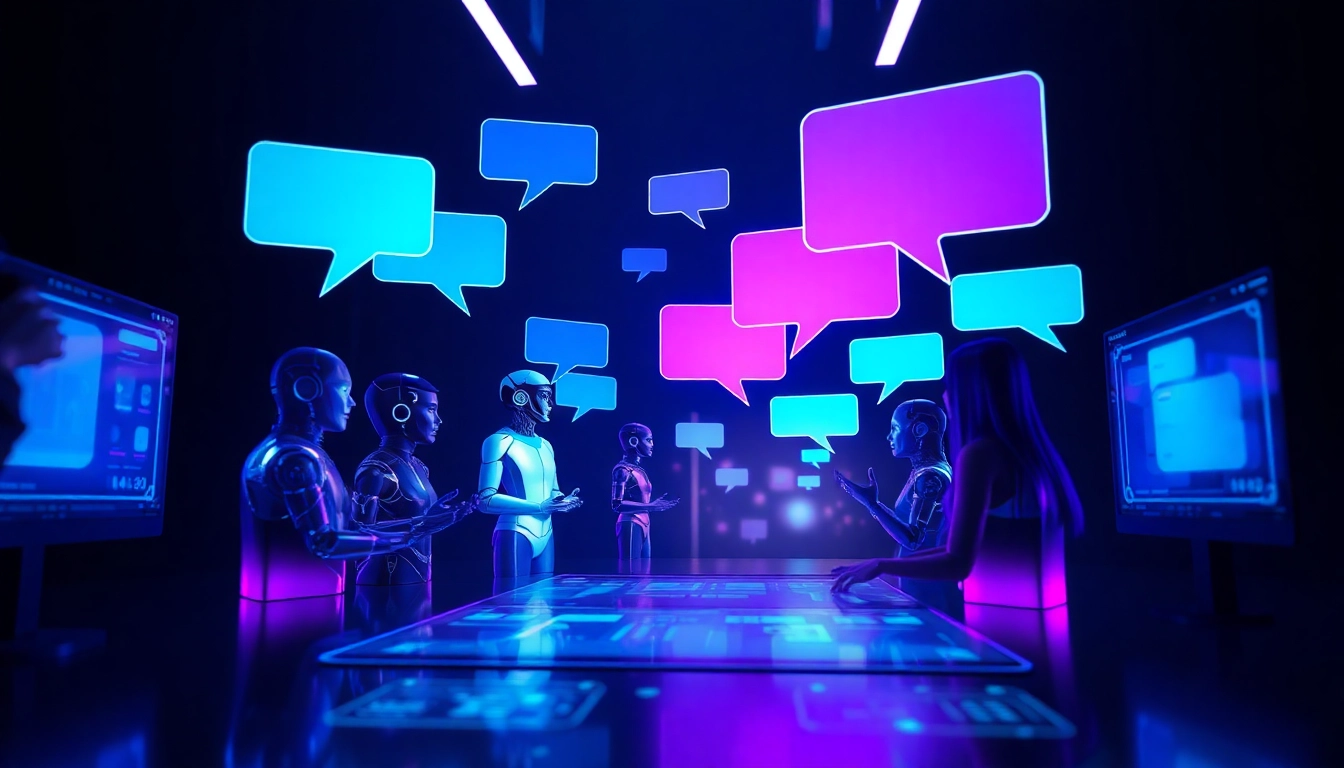 Futuristic AI chat characters engaging in conversation within a high-tech digital environment.