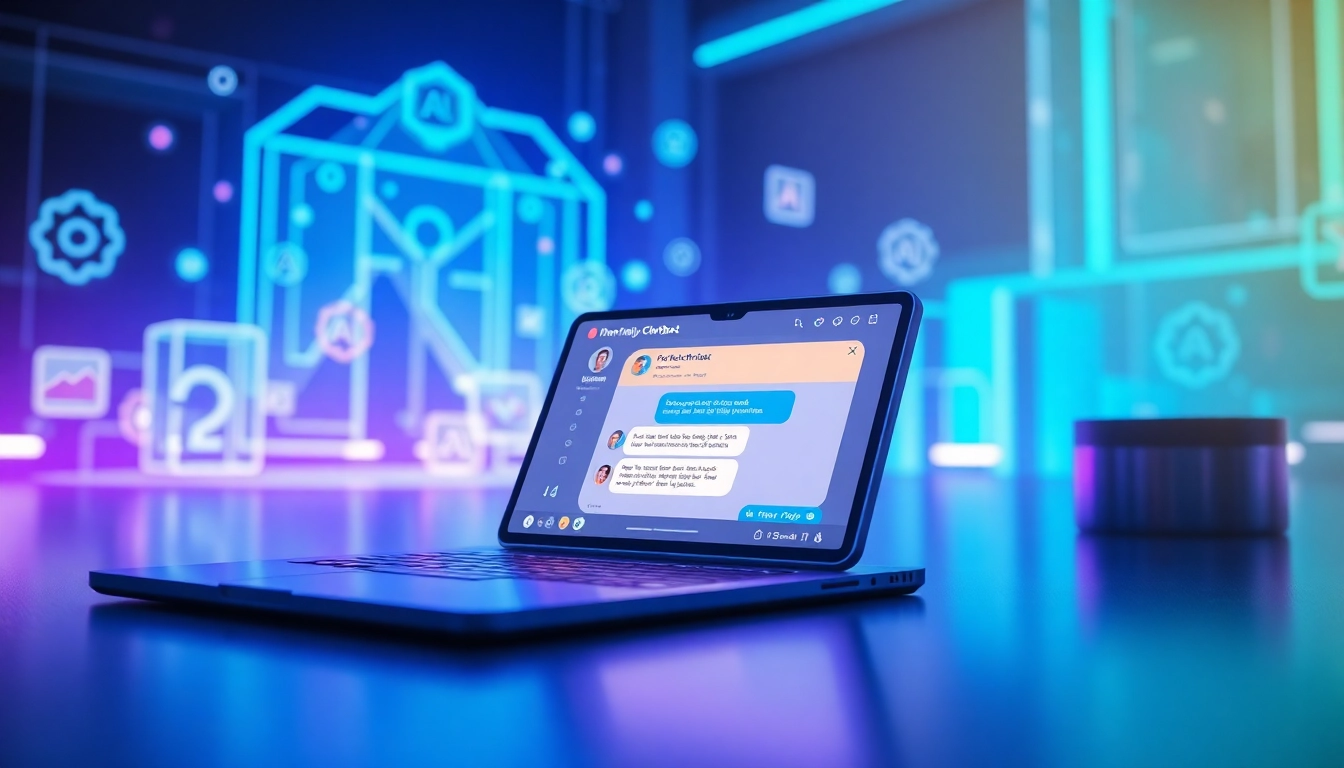 Futuristic chatbot interface on a sleek device with holographic elements and glowing AI icons