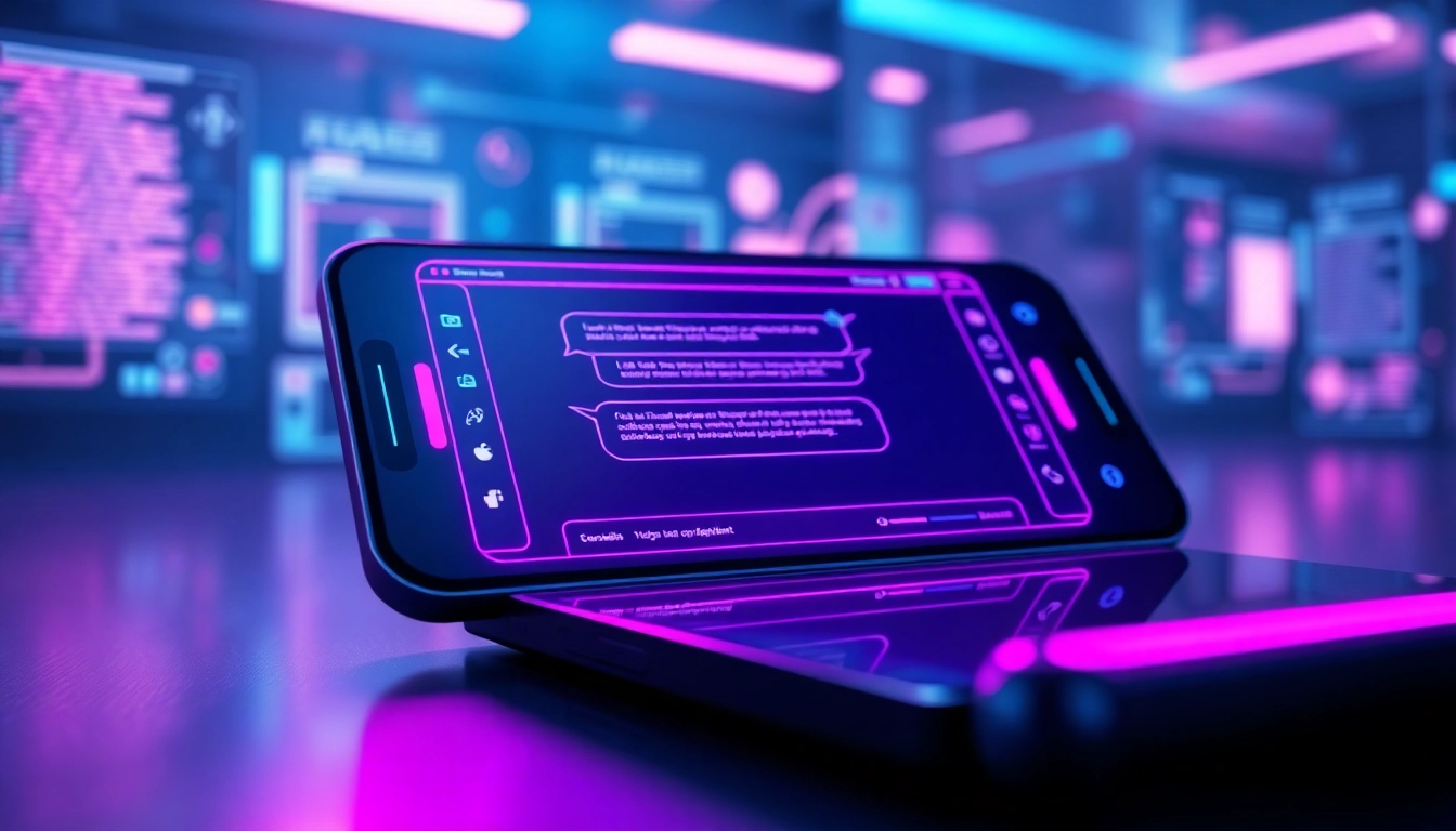 Futuristic chatbot interface on a modern device with neon accents and holographic effects.
