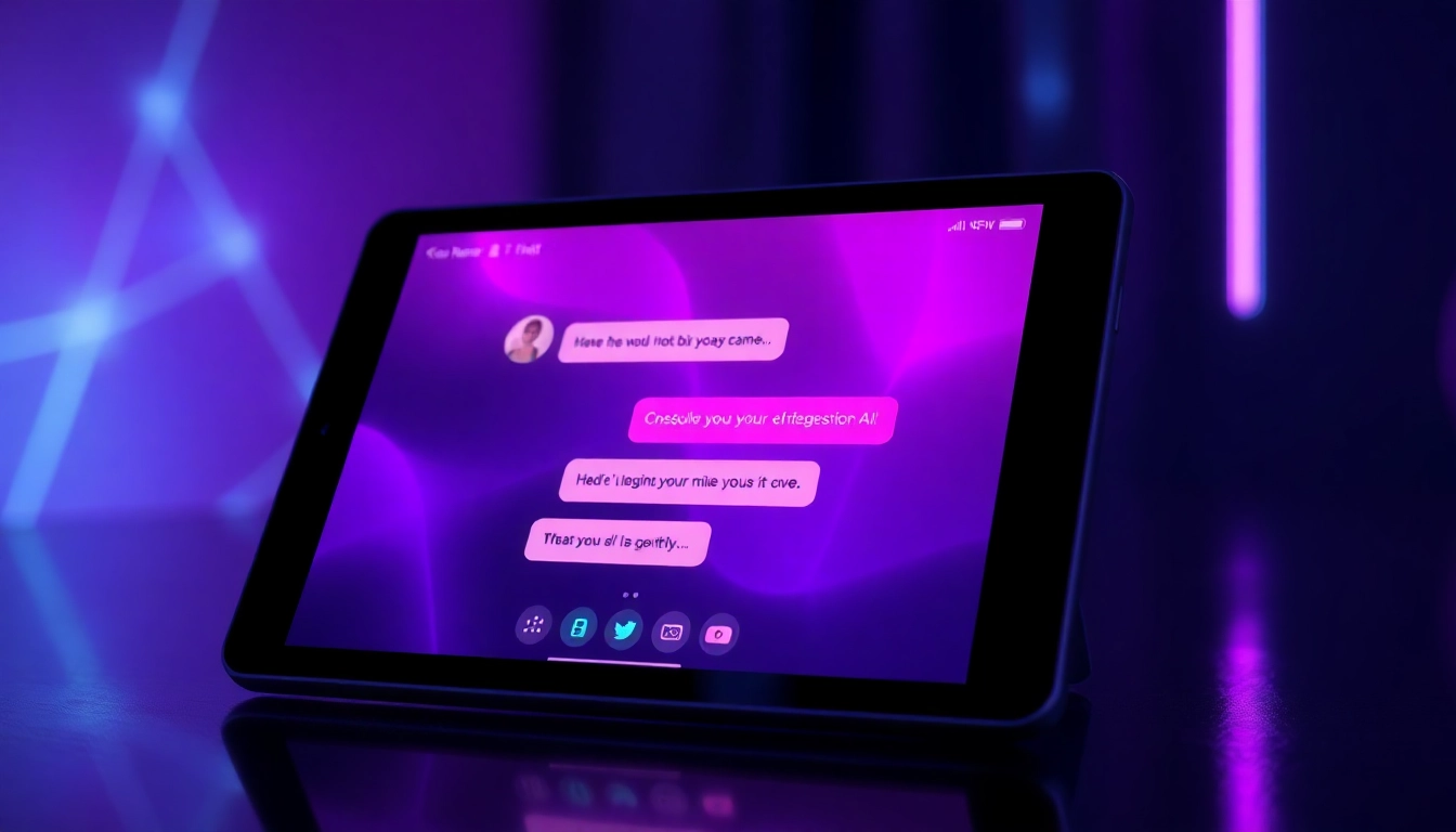 Futuristic digital chat interface on a smartphone with neon lighting and intimate atmosphere.