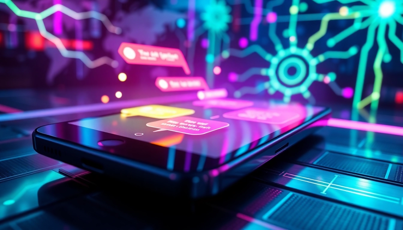 Close-up of an AI chatbot interface on a modern device with colorful chat bubbles and glowing data streams in a high-tech environment.