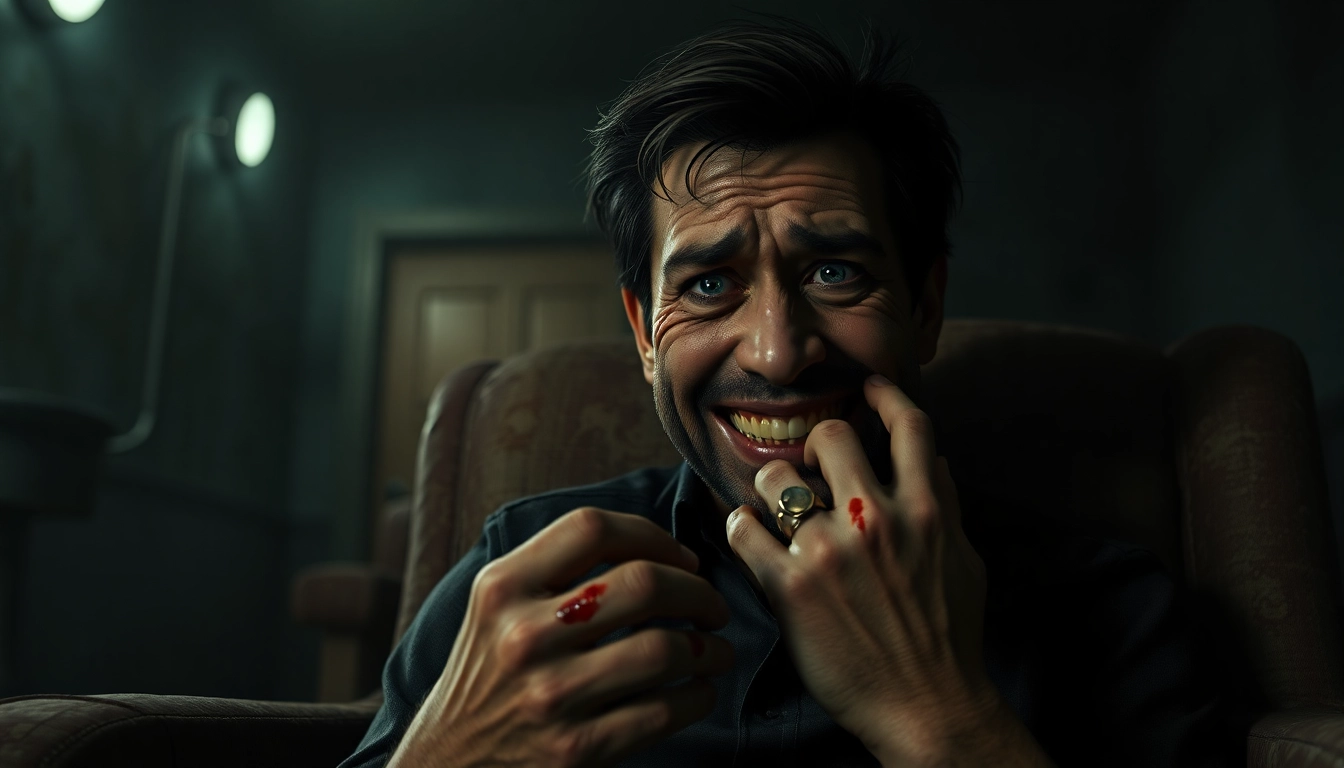 A distressed Harvey sitting in a dimly lit room, showing fear and pain, with shadows and textures emphasizing a tense atmosphere.