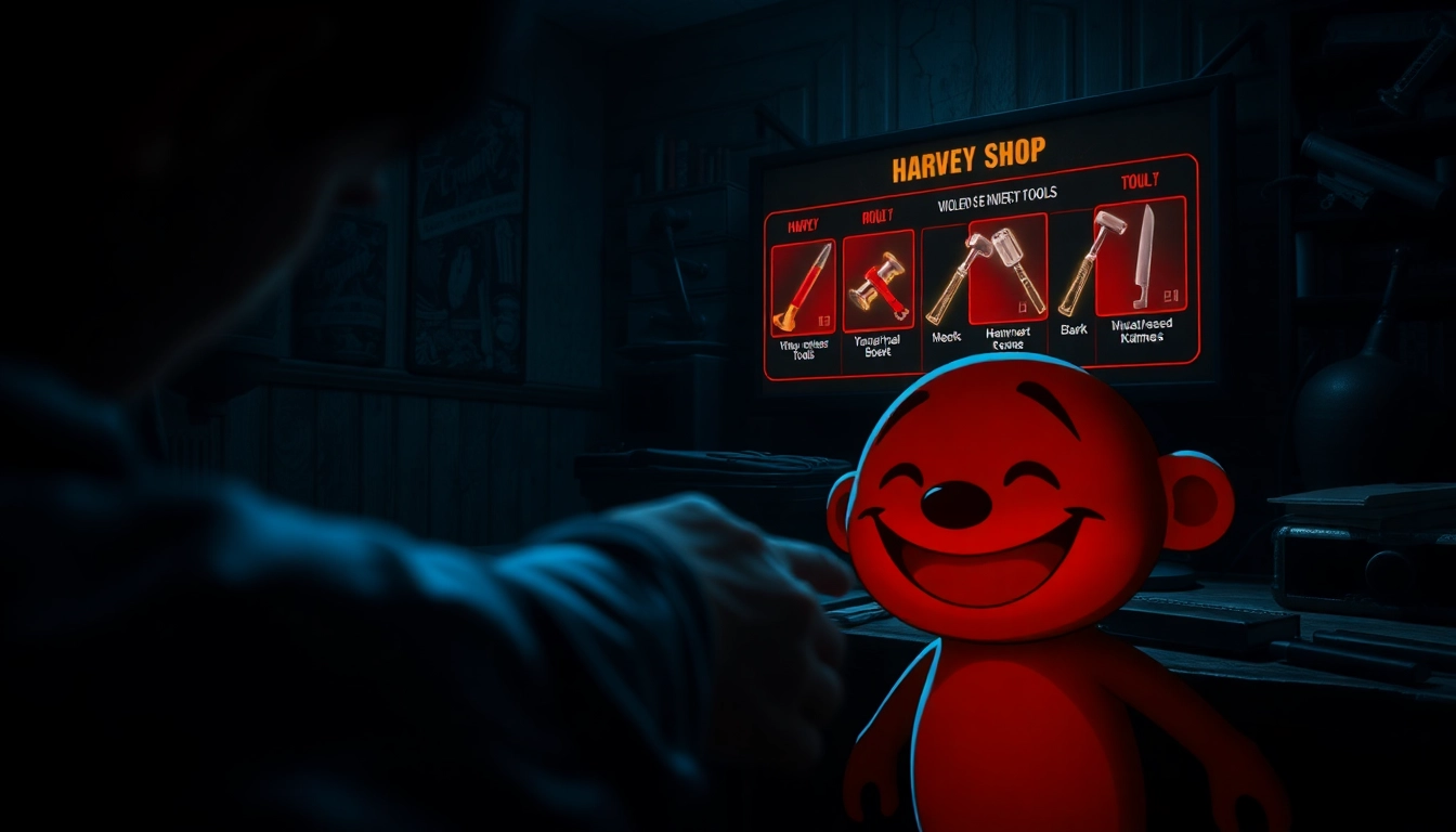 A tense scene showing a distressed character clicking on Harvey, a cheerful but suffering figure, with a dark shop menu of violent tools in the background, evoking psychological horror.