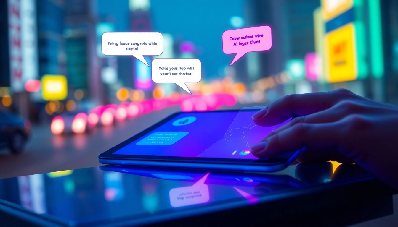 Futuristic digital chat interface on a sleek device with glowing neon accents and a cityscape background.