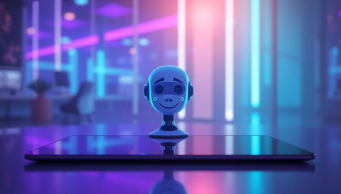 A futuristic AI chatbot interface on a high-tech screen with a friendly digital avatar in a neon-lit environment.