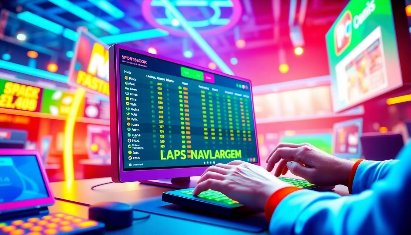Digital illustration of an energetic online sportsbook and casino platform with sports icons and betting odds.