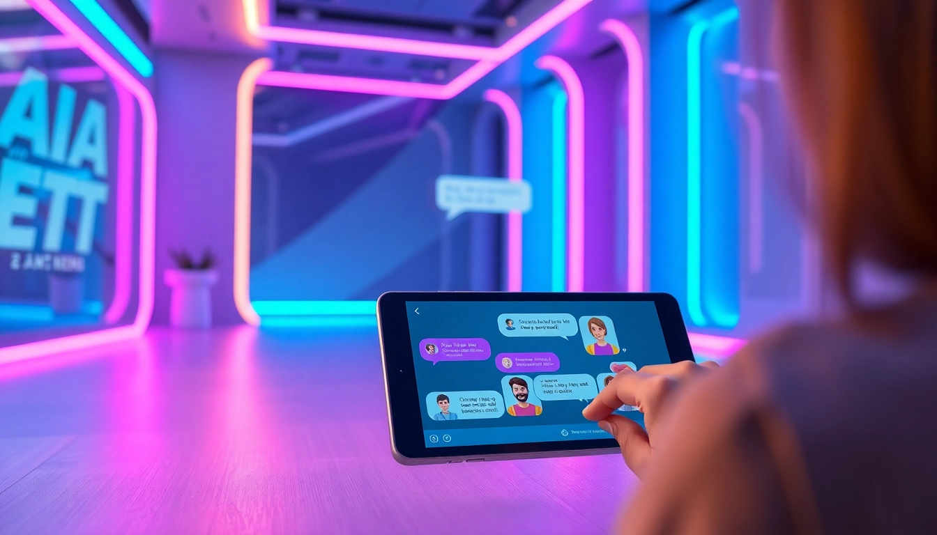 Futuristic digital chat interface with customizable AI characters engaging in conversation, set in a neon-lit high-tech environment.
