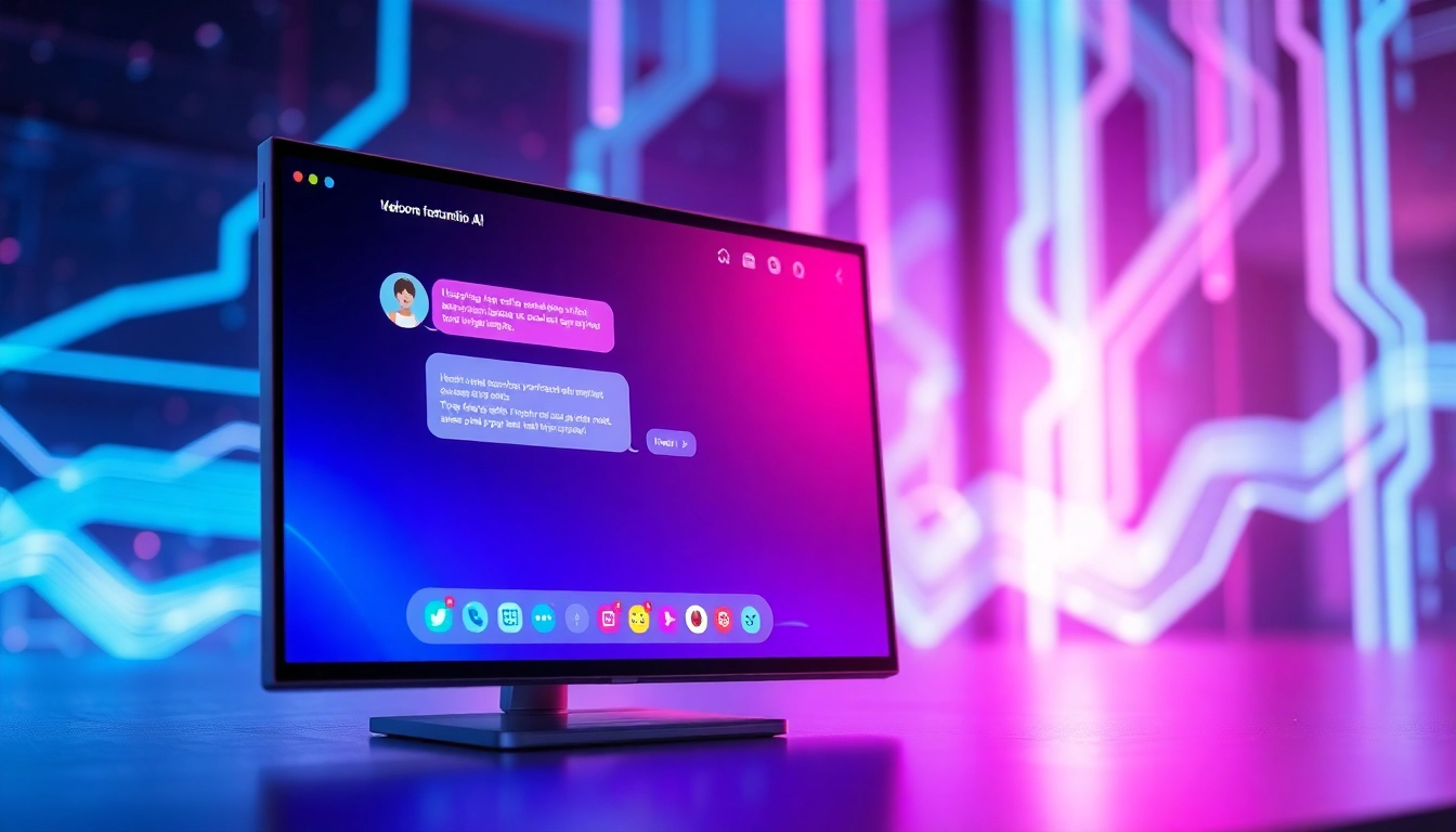 Futuristic chatbot interface with neon glow and digital conversation bubbles on a high-tech screen