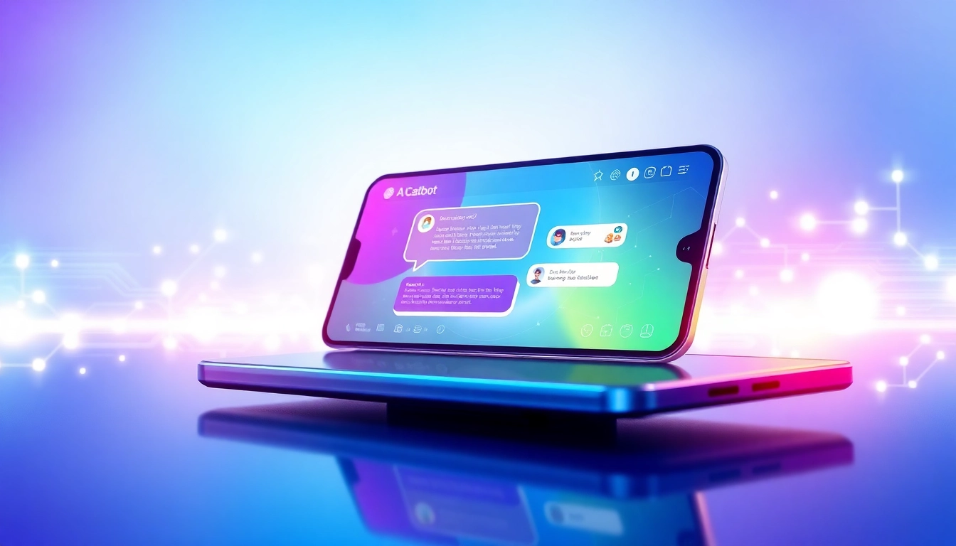 Futuristic AI chatbot interface on a modern device with glowing digital elements and vibrant colors.