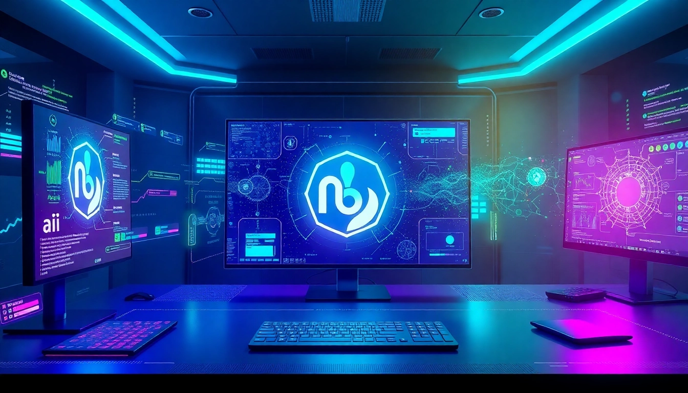A futuristic AI workspace with holographic interfaces and vibrant digital elements representing advanced image editing capabilities.