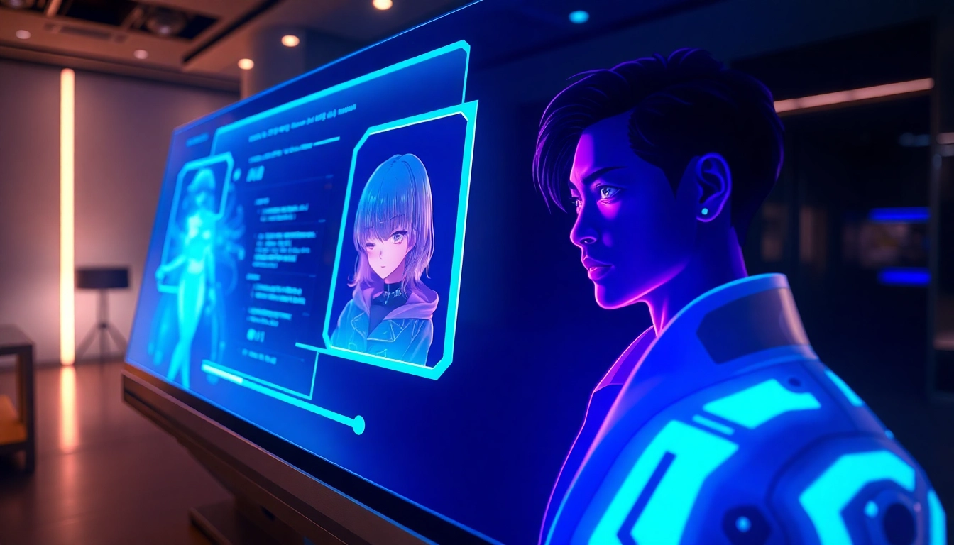 Futuristic AI interface with holographic anime and realistic characters in a dimly lit room.