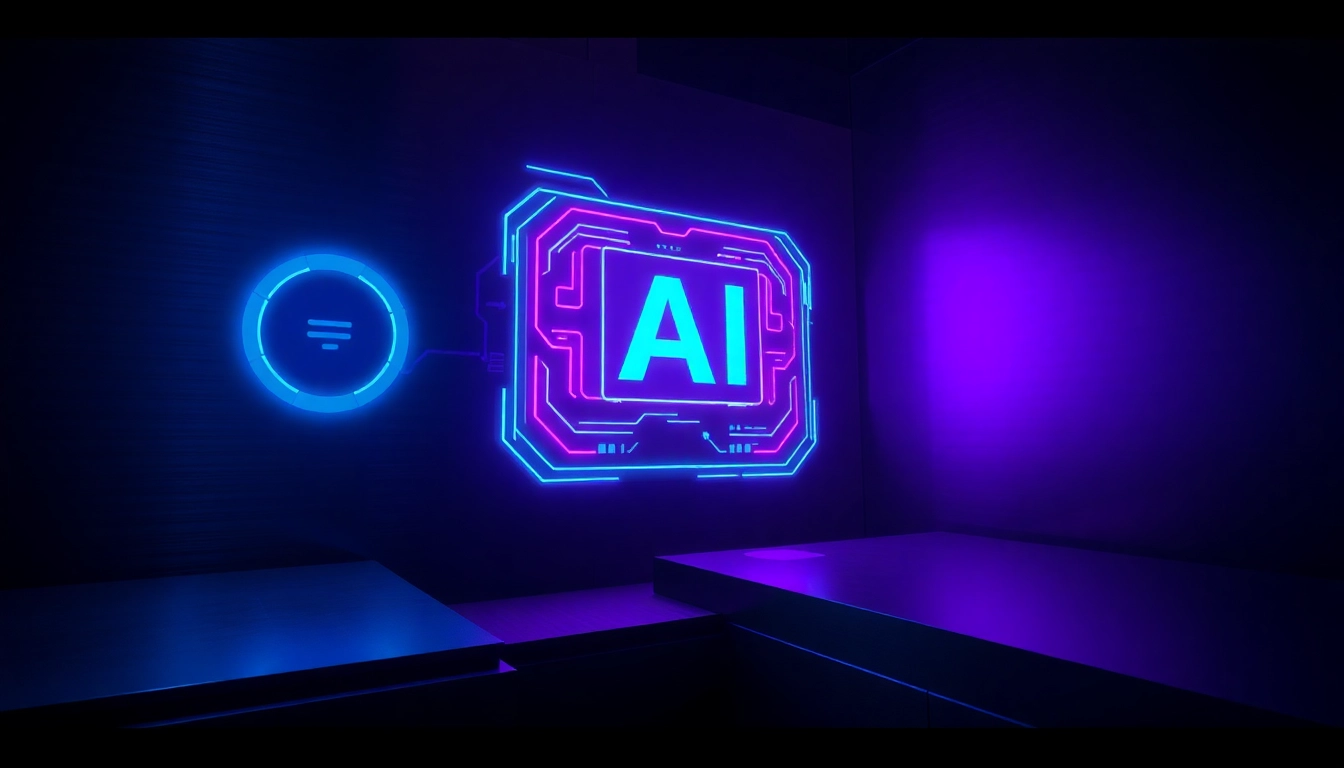 Futuristic holographic AI interface glowing in a dark high-tech room with neon accents.