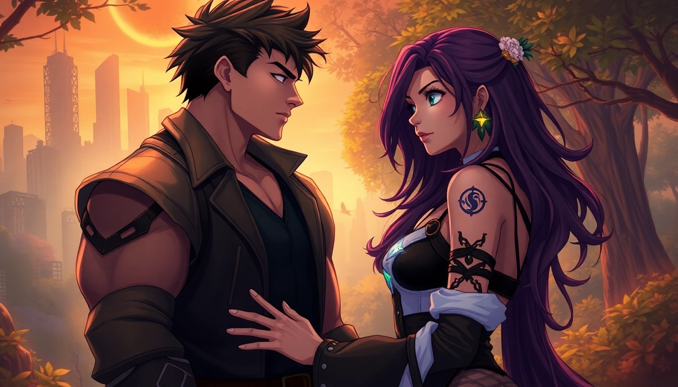 Illustration of two fantasy characters in an urban-natural hybrid setting, emphasizing mood and detailed textures.