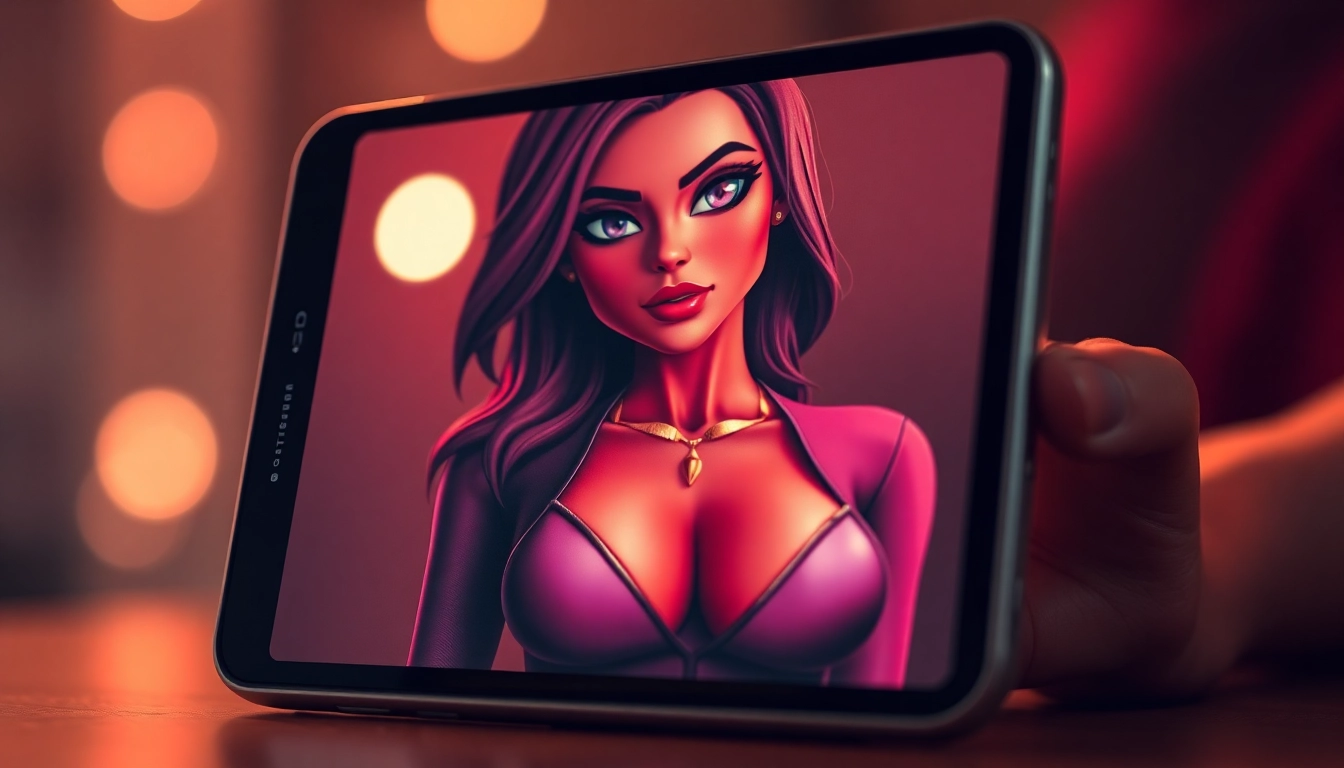 Close-up of a smartphone screen displaying a seductive AI character with warm lighting and vibrant colors.