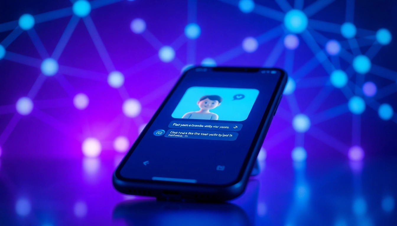 An illustration of a smartphone displaying a chat with a friendly AI character, set against a glowing digital network background.