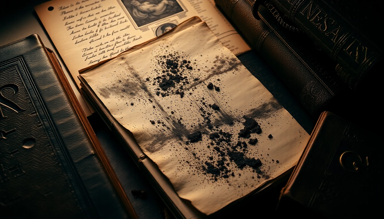 Vintage stained parchment with old books and handwritten notes, evoking historical taboo themes.