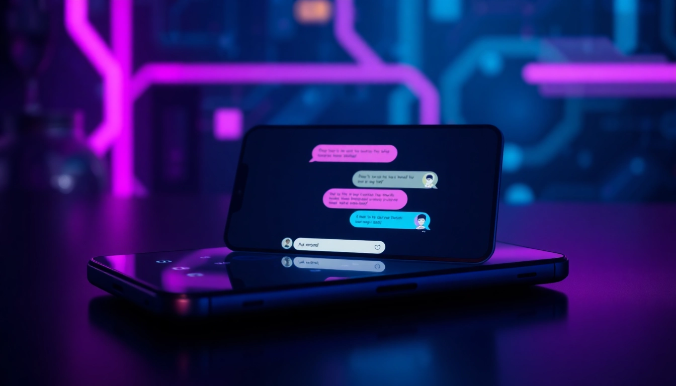 Futuristic chatbot interface on a modern device with neon accents and engaging conversation bubbles