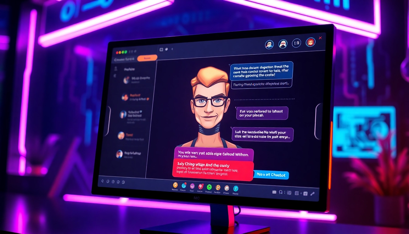 Futuristic chatbot interface with neon accents and an AI character avatar in a tech-inspired environment.