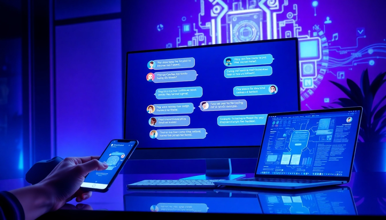 Digital illustration of a futuristic AI chatbot platform with diverse characters and cross-device interaction in a modern workspace.