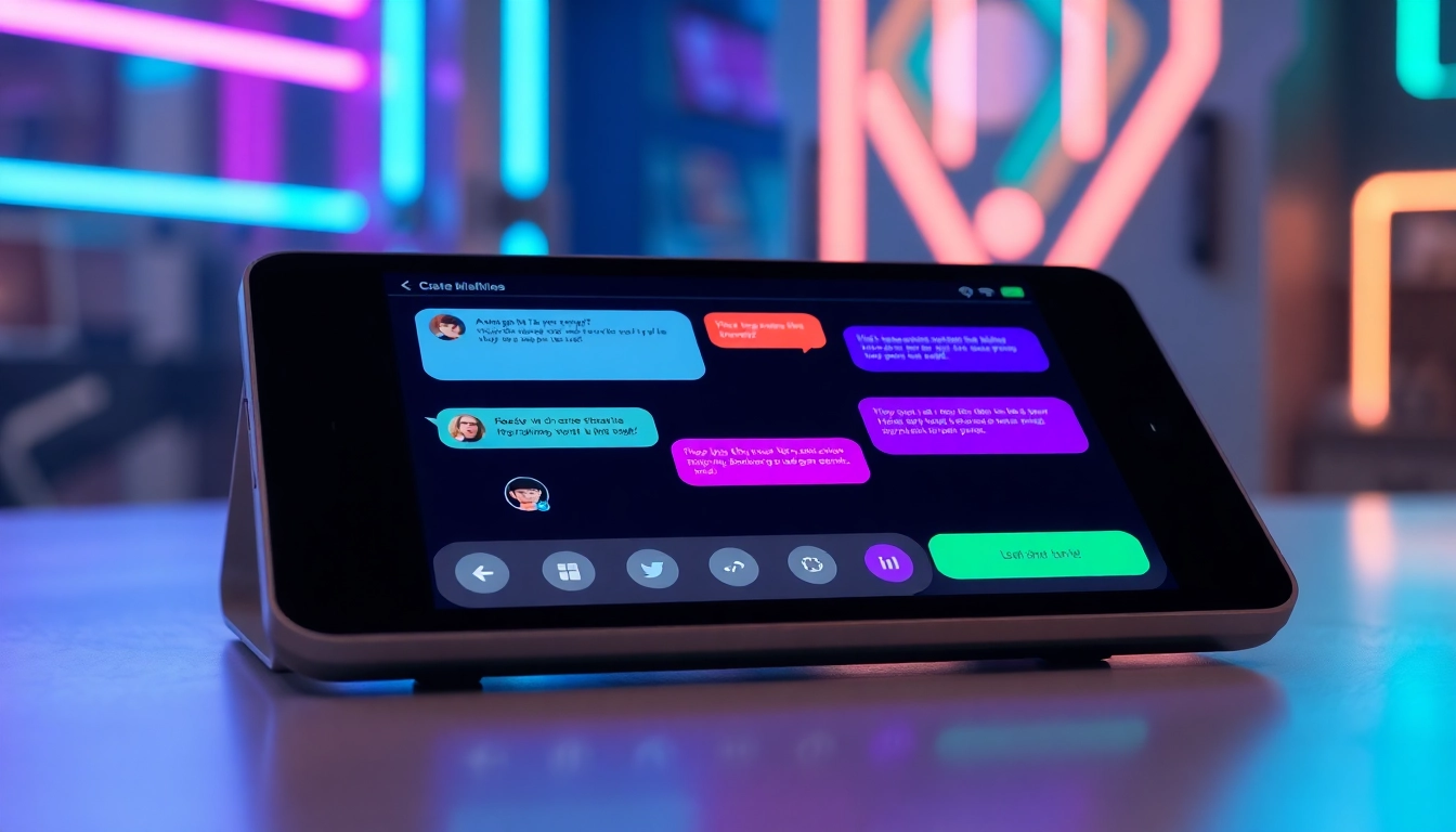 Futuristic digital chat interface on a tablet with colorful speech bubbles in a high-tech environment.