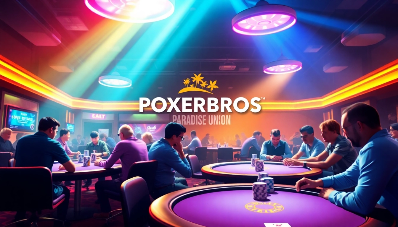 Pokerbros Paradise Union online poker community with players at themed tables and vibrant branding.