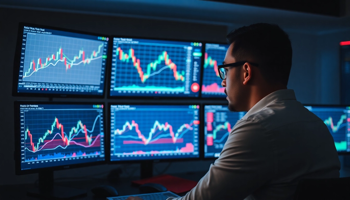 Professional trader using trading view charts on a sleek digital screen to analyze market